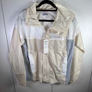 NWT Columbia Flash Challenger Windbreaker Jacket Women's Size L Beige White Blue
